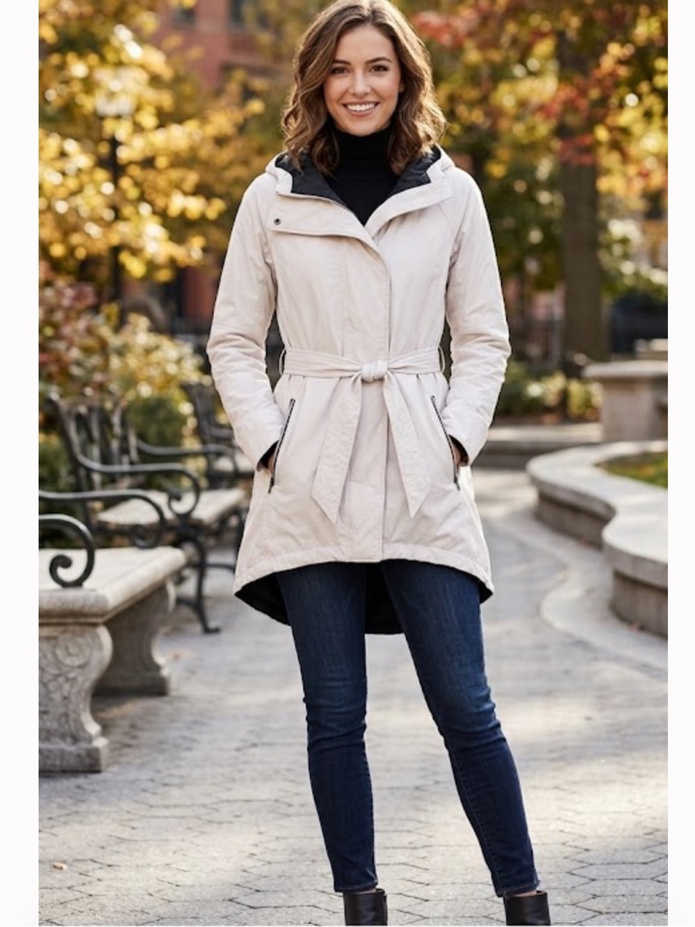 lululemon athletica Cream Hooded Belted Trench Coat with Black Accents Dual Use